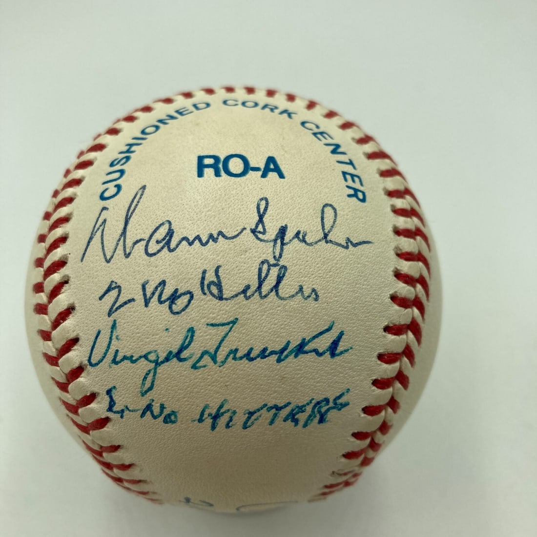 Signed No-Hitter Pitchers Baseball Spahn Vandermeer PSA DNA MINT 9: Signed No-Hitter Pitchers Baseball Spahn Vandermeer PSA DNA MINT 9 This is a signed official American League baseball featuring the autographs of legendary pitchers who each threw two no-hitters: Warr