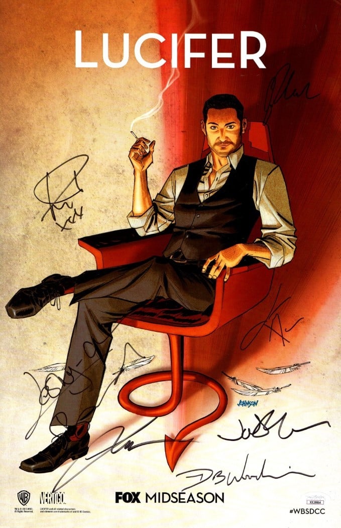 Lucifer Autographed 11x17 Poster 7 Signatures JSA Certified: Lucifer Autographed 11x17 Poster 7 Signatures JSA Certified This original 11x17 poster from the hit series 'Lucifer' features the autographs of the main cast members: Tom Ellis, D.B. Woodside, Lesley-