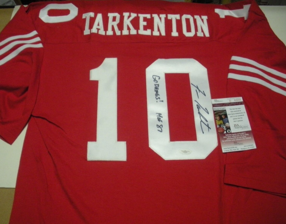Signed Fran Tarkenton Jersey JSA COA Minnesota Vikings Georgia Bulldogs: Signed Fran Tarkenton Jersey JSA COA Minnesota Vikings Georgia Bulldogs This pre-owned jersey is signed by Fran Tarkenton, renowned for his time with the Georgia Bulldogs and Minnesota Vikings. It is