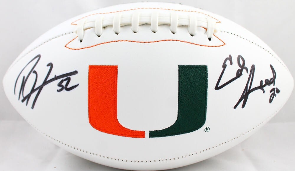 Ed Reed Ray Lewis Signed Miami Hurricanes Football Beckett Authenticated: Ed Reed Ray Lewis Signed Miami Hurricanes Football Beckett Authenticated This Miami Hurricanes logo football features the autographs of legendary players Ed Reed and Ray Lewis, making it a must-have f