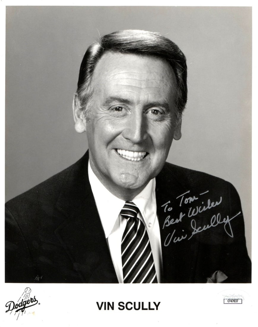 Vin Scully Autographed 8X10 Photo Dodgers JSA Authenticated: Vin Scully Autographed 8X10 Photo Dodgers JSA Authenticated Celebrate the legacy of Vin Scully, the iconic voice of the Los Angeles Dodgers, with this authenticated 8x10 photograph. This original phot