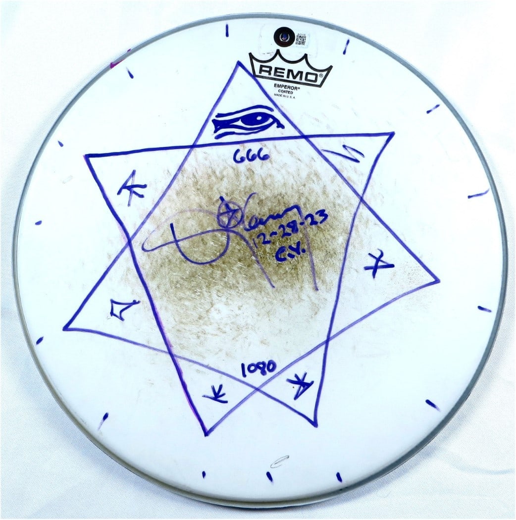 Danny Carey Autographed 14 Drumhead with Sketch Beckett Authenticated: Danny Carey Autographed 14 Drumhead with Sketch Beckett Authenticated This is an authentic 14" drumhead signed by Danny Carey, the drummer of the iconic band Tool. The item has been authenticated by B