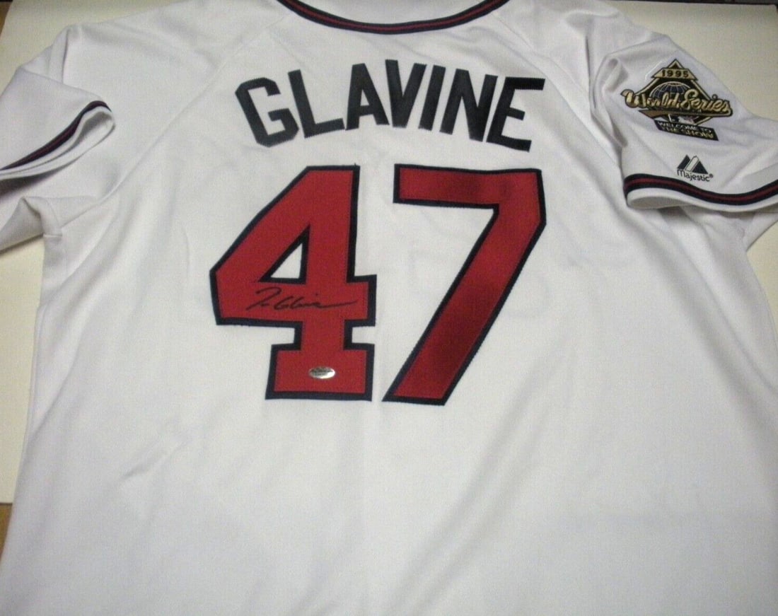 Signed Atlanta Braves Majestic Jersey Featuring Tom Glavine With Leaf COA: Signed Atlanta Braves Majestic Jersey Featuring Tom Glavine With Leaf COA This official licensed Majestic jersey features an authentic signature from Tom Glavine of the Atlanta Braves. The jersey is a