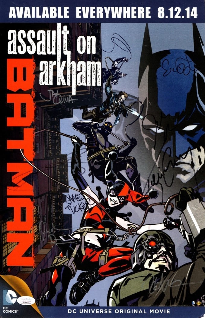 Batman Assault on Arkham 11X17 Signed Poster with 8 Autographs JSA Authenticated: Batman Assault on Arkham 11X17 Signed Poster with 8 Autographs JSA Authenticated This original 11X17 poster from "Batman: Assault on Arkham" features a stunning array of signatures from notable contri