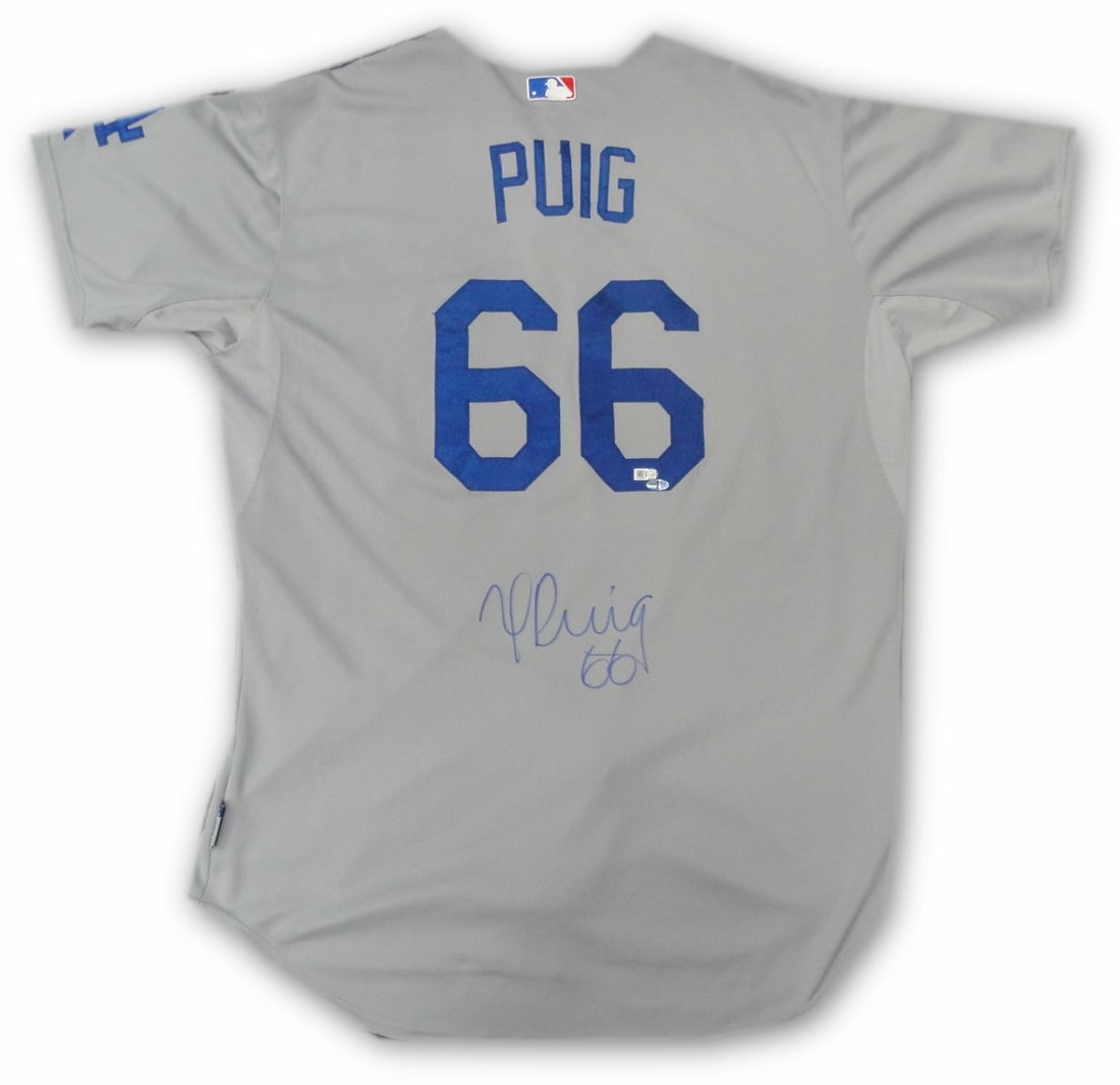Yasiel Puig Signed Dodgers Jersey MLB Authentic Autograph: Yasiel Puig Signed Dodgers Jersey MLB Authentic Autograph This official Los Angeles Dodgers jersey is a team-issued item featuring the autograph of Yasiel Puig. Hand-signed on August 26, 2017, this co