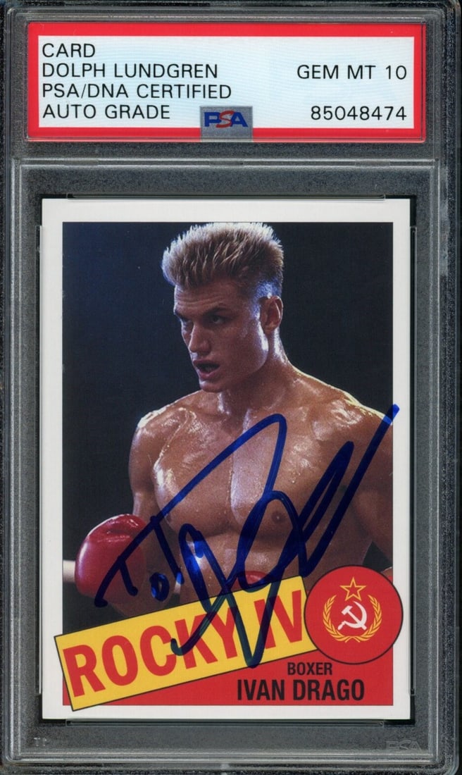 Dolph Lundgren Signed Rocky IV Ivan Drago Card PSA/DNA GEM MINT 10: Dolph Lundgren Signed Rocky IV Ivan Drago Card PSA/DNA GEM MINT 10 This is a Dolph Lundgren autographed Rocky IV Ivan Drago trading card from the 1985 Topps series, graded PSA/DNA GEM MINT 10. This or