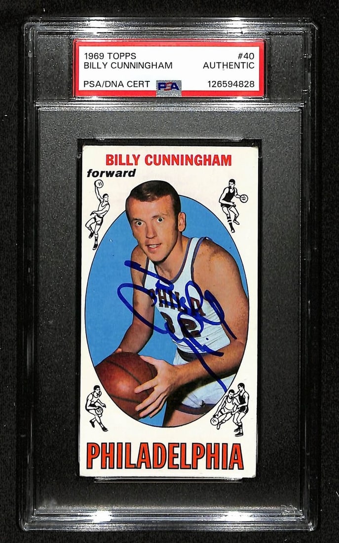 1969 Topps Rookie Card Billy Cunningham Autographed PSA DNA Philadelphia 76ers: 1969 Topps Rookie Card Billy Cunningham Autographed PSA DNA Philadelphia 76ers This is an original 1969 Topps rookie card (#40) featuring Billy Cunningham of the Philadelphia 76ers. The card is hand-s