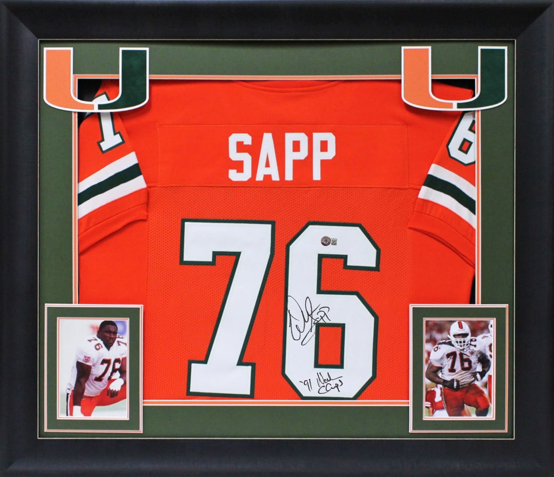 Warren Sapp Signed Miami Hurricanes Framed Jersey 91 National Champs BAS: Warren Sapp Signed Miami Hurricanes Framed Jersey 91 National Champs BAS Celebrate the legacy of Warren Sapp with this autographed Miami Hurricanes orange pro style framed jersey, featuring the inscri