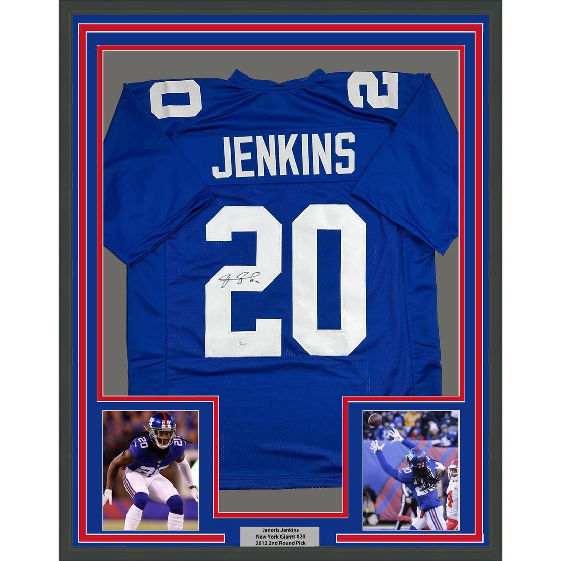 Janoris Jenkins Signed New York Giants Framed Jersey with JSA Authentication 35x39: Janoris Jenkins Signed New York Giants Framed Jersey with JSA Authentication 35x39 This is a framed autographed New York Giants jersey signed by Janoris Jenkins, also known as Jackrabbit. The jersey i