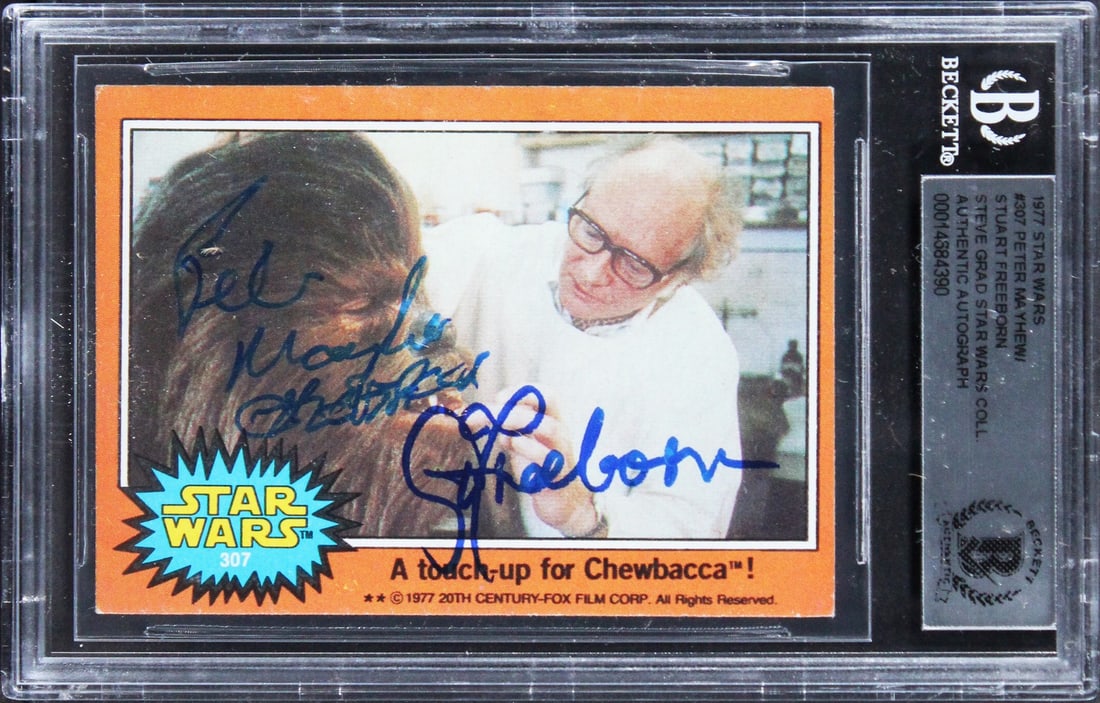 Dual Signed 1977 Star Wars Card Chewbacca Inscription Beckett Authenticated: Dual Signed 1977 Star Wars Card Chewbacca Inscription Beckett Authenticated This is an original 1977 Star Wars #75 card personally signed by Peter Mayhew and Stuart Freeborn, featuring the inscription