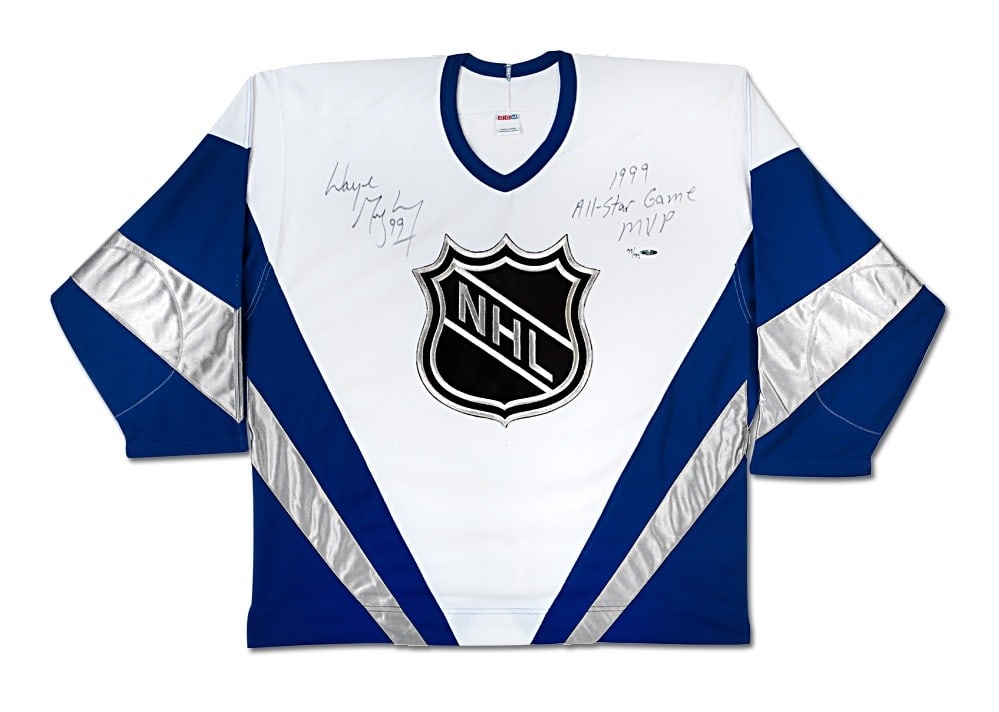 Wayne Gretzky Autographed Jersey 1999 All-Star MVP Limited to 99 Upper Deck: Wayne Gretzky Autographed Jersey 1999 All-Star MVP Limited to 99 Upper Deck This authentic jersey features Wayne Gretzky's signature, commemorating his achievement as the 1999 All-Star MVP. Limited to