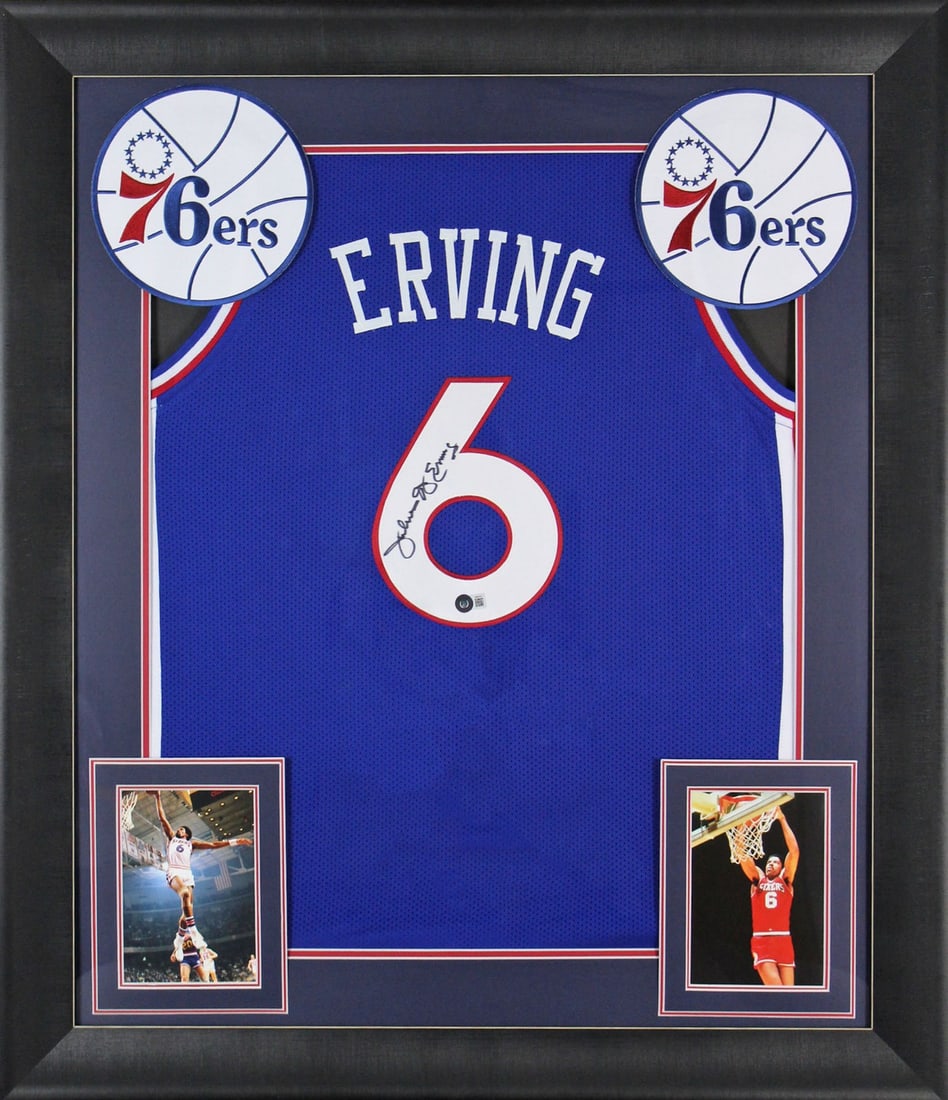 Julius Dr J Erving Signed Blue Framed Jersey BAS Authenticated 76ers (1 of 2)