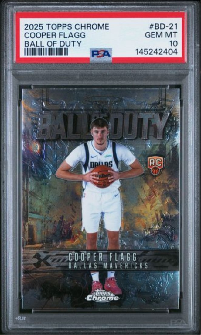 PSA 10 Cooper Flagg 2025 Ball of Duty #BD21 Chrome Basketball Card: PSA 10 Cooper Flagg 2025 Ball of Duty #BD21 Chrome Basketball Card This is a 2025 Topps Chrome Ball of Duty basketball card featuring Cooper Flagg of the Dallas Mavericks. The card is graded PSA 10 by