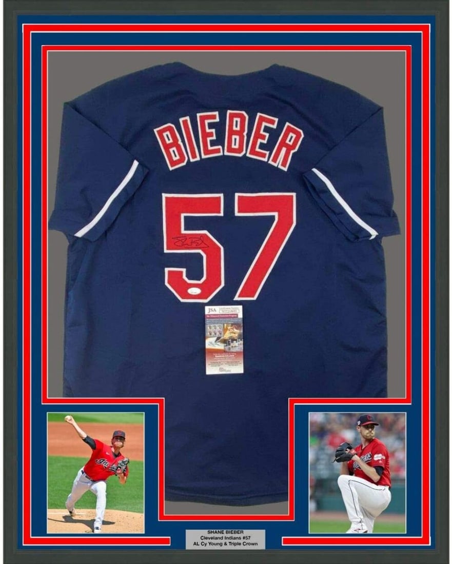 Framed Autographed Shane Bieber Cleveland Indians Jersey JSA COA: Framed Autographed Shane Bieber Cleveland Indians Jersey JSA COA This professionally framed and matted piece features an autographed jersey of Shane Bieber, a standout player for the Cleveland Indians