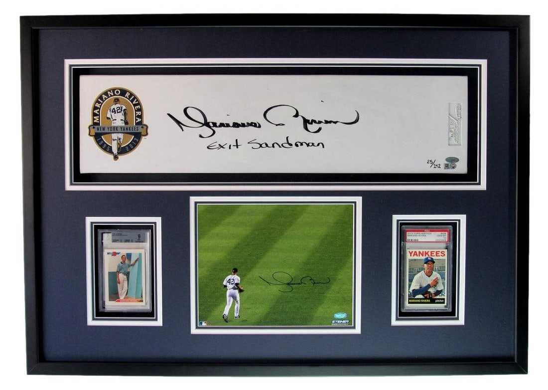 Mariano Rivera Signed Yankees Shadowbox Pitching Rubber Photo Cards Steiner MLB: Mariano Rivera Signed Yankees Shadowbox Pitching Rubber Photo Cards Steiner MLB This Mariano Rivera collectible features a framed shadowbox display that includes a full-size pitching rubber autographe