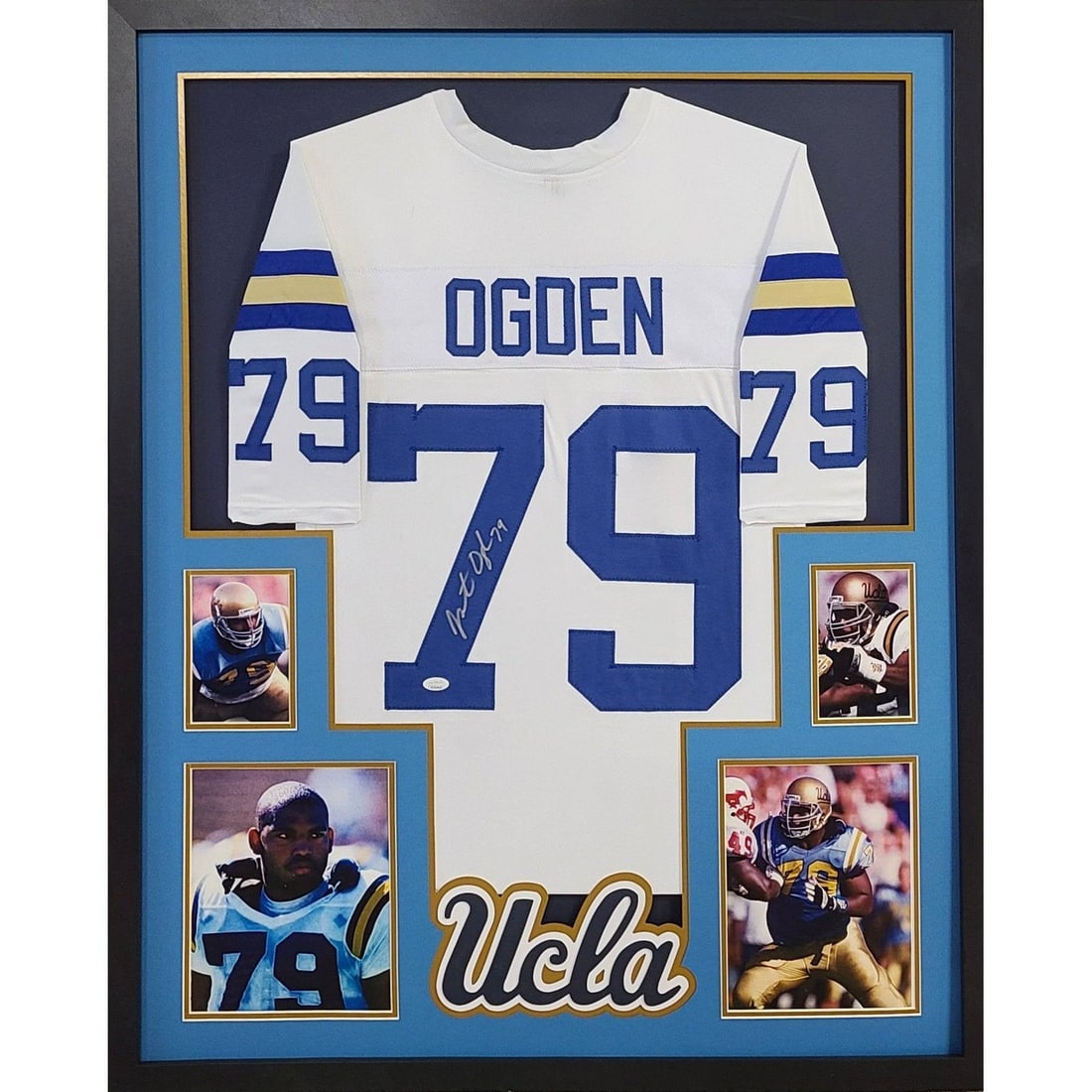 Jonathan Ogden Signed Framed Jersey JSA Authenticated UCLA 42x34: Jonathan Ogden Signed Framed Jersey JSA Authenticated UCLA 42x34 This framed jersey showcases the autograph of Jonathan Ogden, a distinguished athlete. The jersey is authenticated by JSA, a leading au