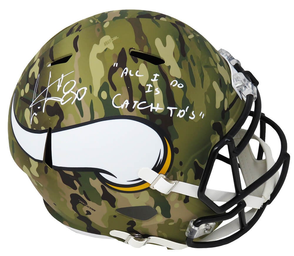 Cris Carter Signed Vikings CAMO Helmet with All I Do Is Catch TD's Inscription: Cris Carter Signed Vikings CAMO Helmet with All I Do Is Catch TD's Inscription This is a Cris Carter signed Minnesota Vikings CAMO Riddell Speed full-size replica helmet featuring the inscription 'All
