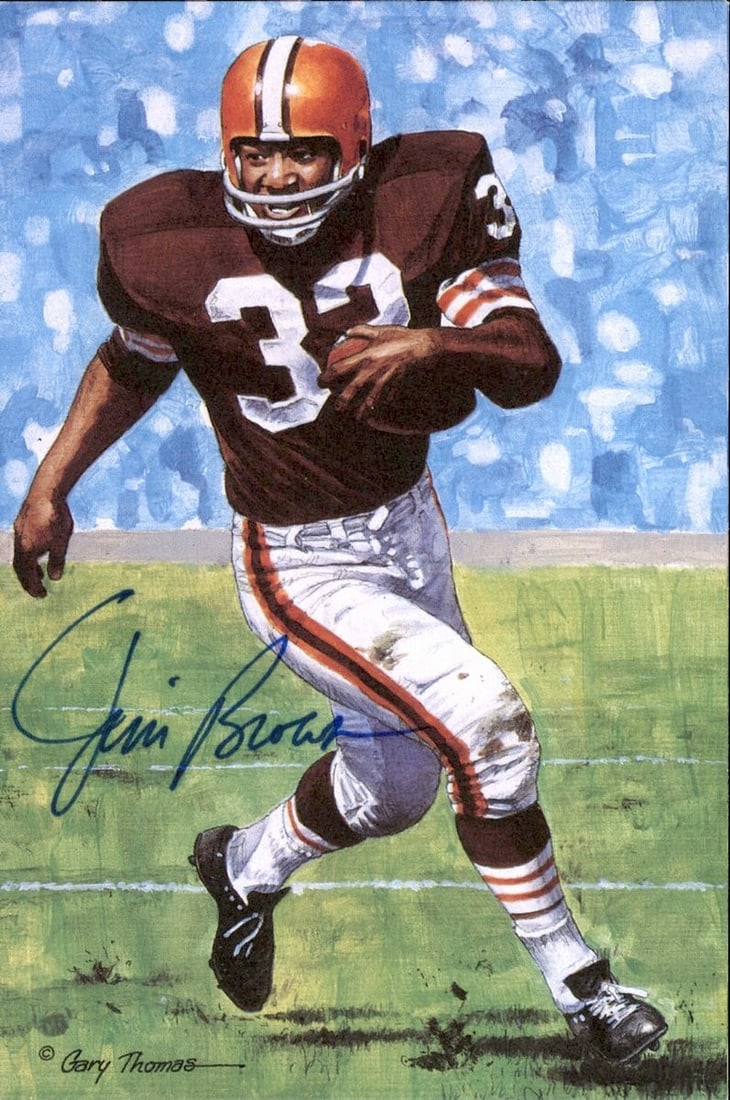 Signed Jim Brown Goal Line Art Football Postcard with JSA Authentication: Signed Jim Brown Goal Line Art Football Postcard with JSA Authentication This is an original Goal Line Art GLAC postcard featuring Jim Brown of the Cleveland Browns. The postcard has been autographed