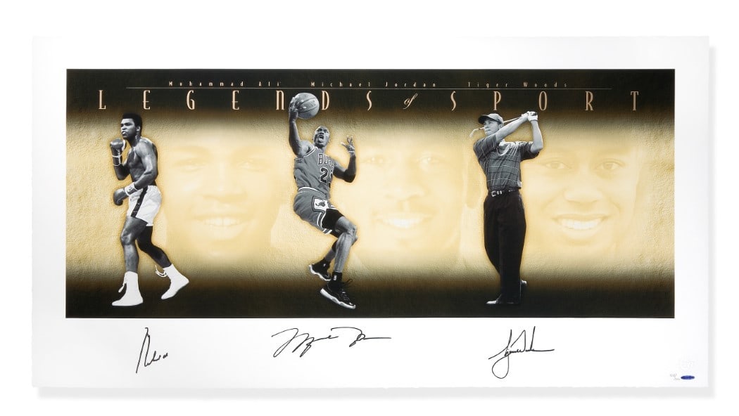 Michael Jordan Muhammad Ali Tiger Woods Autographed Lithograph Limited Edition Print 49x25 /500: Michael Jordan Muhammad Ali Tiger Woods Autographed Lithograph Limited Edition Print 49x25 /500 Celebrate the legends of sport with this stunning autographed print featuring Michael Jordan, Muhammad A