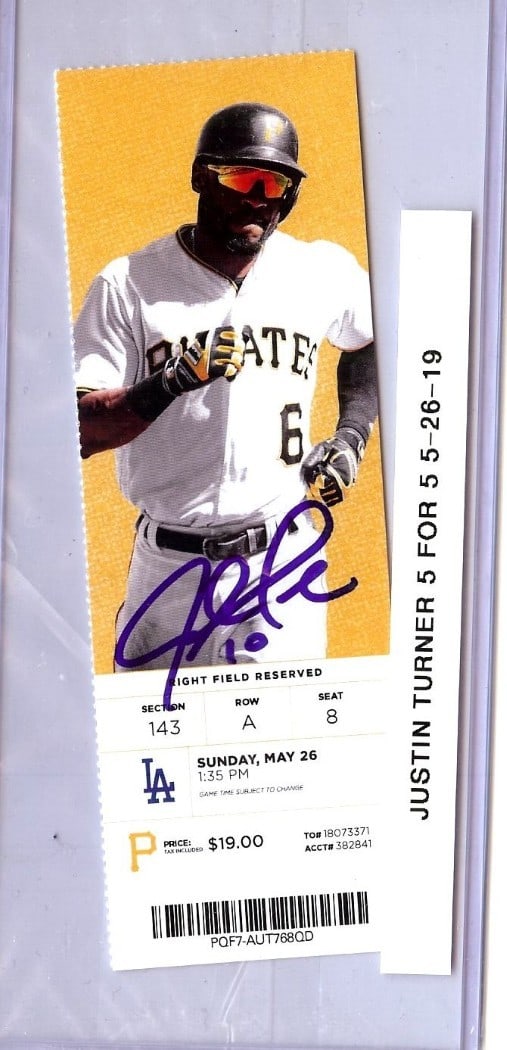 Justin Turner Autographed Ticket Stub Dodgers 5 for 5 5/26/19 JSA: Justin Turner Autographed Ticket Stub Dodgers 5 for 5 5/26/19 JSA Celebrate the remarkable achievement of Justin Turner with this signed autographed ticket stub from his unforgettable 5 for 5 performa