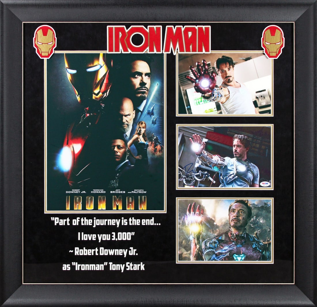 Robert Downey Jr Iron Man Signed Framed Display PSA/DNA Authentic: Robert Downey Jr Iron Man Signed Framed Display PSA/DNA Authentic This authentic framed display features a photograph personally signed by Robert Downey Jr., known for his iconic role as Iron Man. The