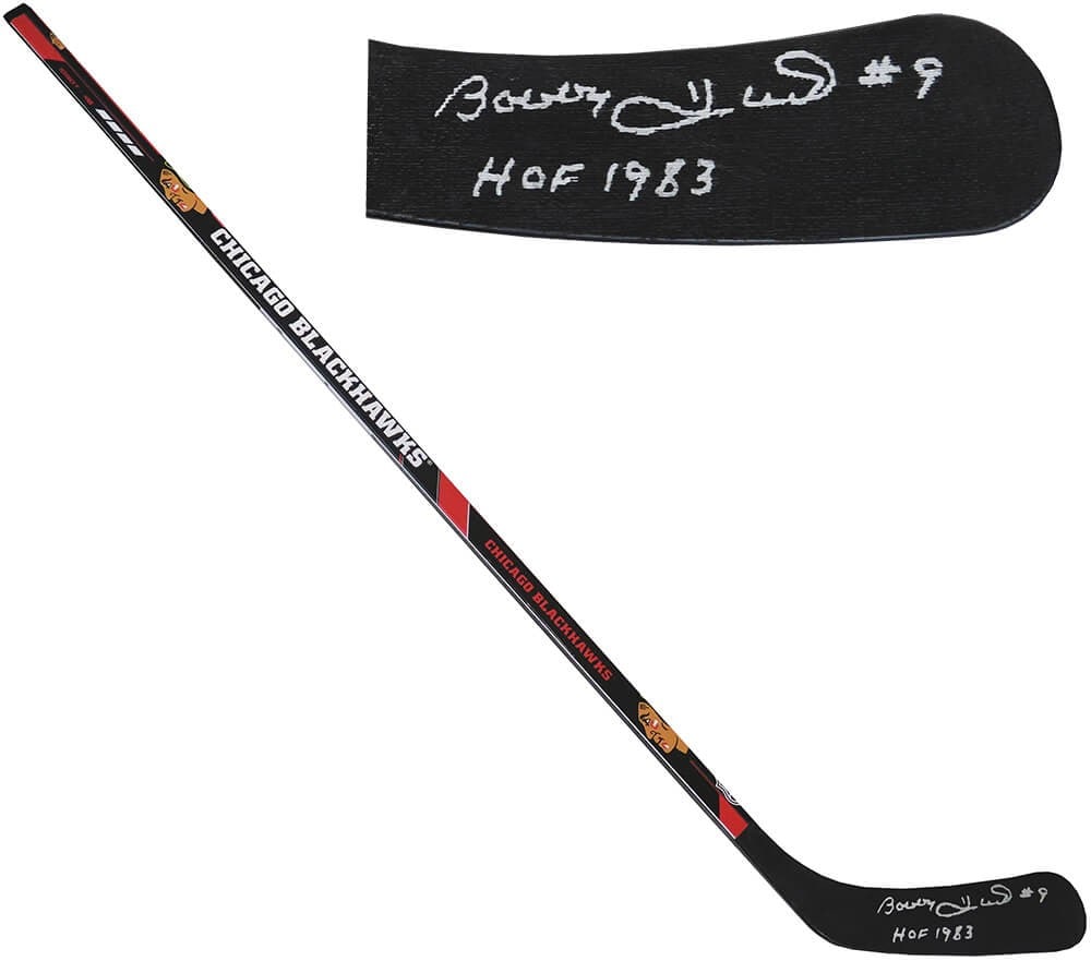 Bobby Hull Signed 48 in Blackhawks Hockey Stick HOF 1983 COA: Bobby Hull Signed 48 in Blackhawks Hockey Stick HOF 1983 COA This is a full-size hockey stick signed by legendary player Bobby Hull, featuring his inscription 'HOF 1983'. The stick, measuring 48 inche