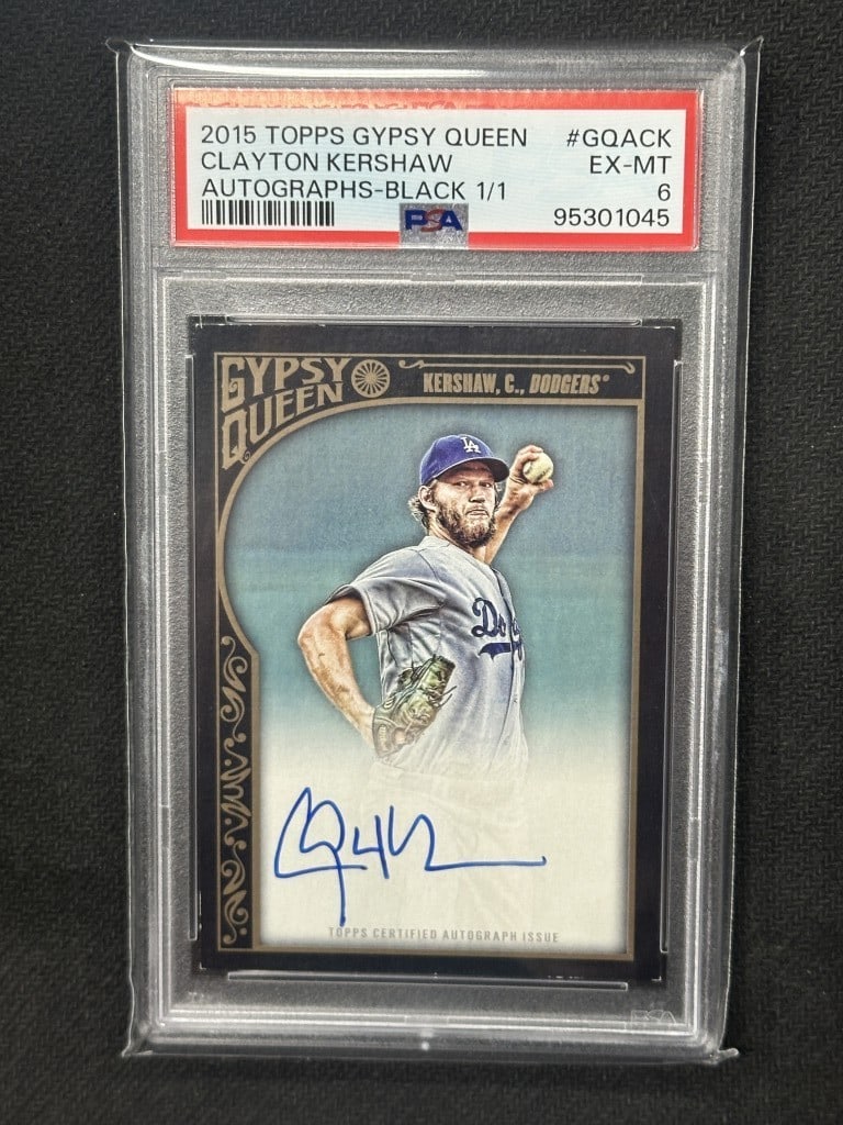 Clayton Kershaw 2015 Topps Gypsy Queen Black Auto PSA 6 #GQACK: Clayton Kershaw 2015 Topps Gypsy Queen Black Auto PSA 6 #GQACK This is a 2015 Topps Gypsy Queen Black Autograph baseball card featuring Clayton Kershaw, a renowned pitcher for the Los Angeles Dodgers.