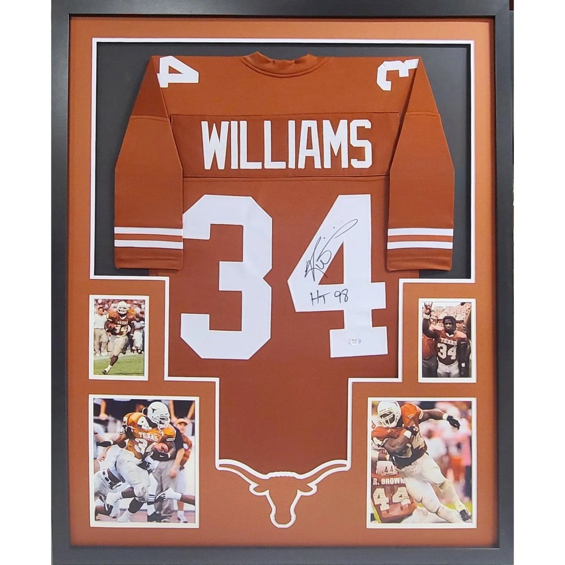 Ricky Williams Autographed Framed Jersey Texas Longhorns PSA/DNA: Ricky Williams Autographed Framed Jersey Texas Longhorns PSA/DNA This is an autographed framed jersey of Ricky Williams, showcasing his legacy with the Texas Longhorns. The jersey is authenticated by
