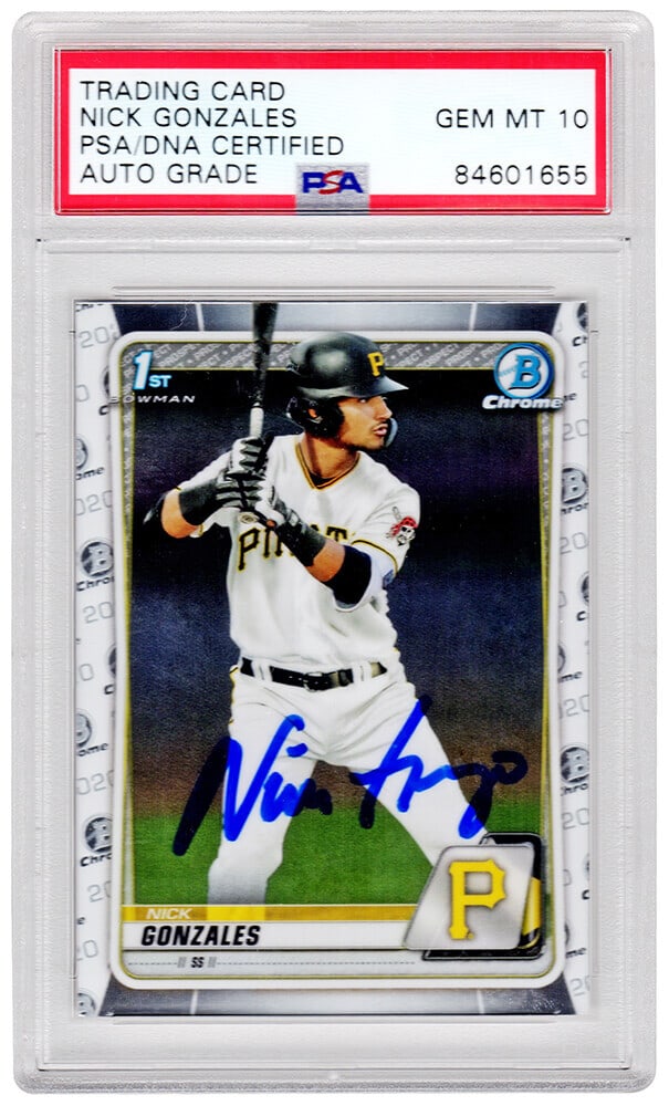 Nick Gonzales Signed 2020 Topps Bowman Chrome Card PSA Auto 10: Nick Gonzales Signed 2020 Topps Bowman Chrome Card PSA Auto 10 This is a Nick Gonzales autographed 2020 Topps Bowman Chrome baseball rookie card #BD-81, representing the talented player of the Pittsbu
