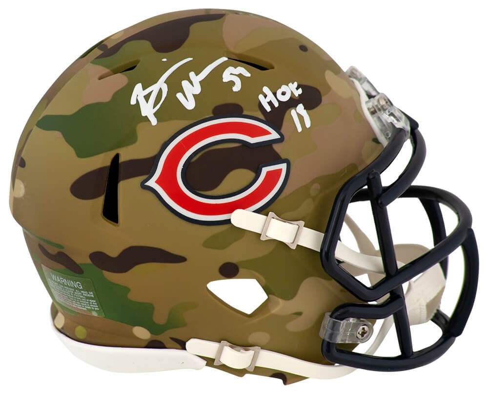 Chicago Bears Mini Helmet Camo Riddell Signed by Brian Urlacher with HOF 18 Inscription: Chicago Bears Mini Helmet Camo Riddell Signed by Brian Urlacher with HOF 18 Inscription This is a Chicago Bears CAMO Riddell Speed mini helmet signed by Brian Urlacher, featuring a 'HOF 18' inscriptio