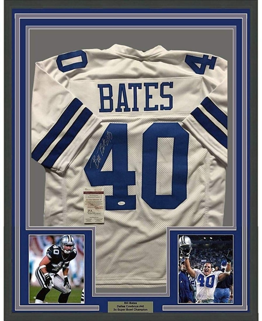 Framed Bill Bates Autographed Dallas Cowboys Jersey with JSA COA 35x39: Framed Bill Bates Autographed Dallas Cowboys Jersey with JSA COA 35x39 This professionally framed and matted item showcases an authentic autographed Dallas Cowboys jersey by Bill Bates. The jersey is