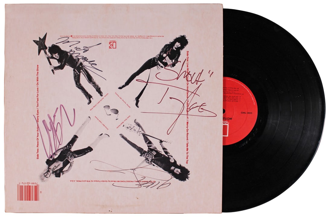 Motley Crue Signed Album Cover Vinyl with BAS Authentication: Motley Crue Signed Album Cover Vinyl with BAS Authentication This original album cover of "Too Fast For Love" has been personally signed by the legendary members of Motley Crue: Vince Neil, Nikki Sixx