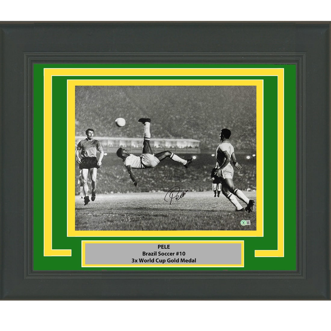 Framed Autographed Pele Brazil Soccer 16x20 Bicycle Kick Photo Beckett Authenticated: Framed Autographed Pele Brazil Soccer 16x20 Bicycle Kick Photo Beckett Authenticated Celebrate the legendary Pele with this professionally framed and matted 16x20 photo capturing his iconic bicycle ki