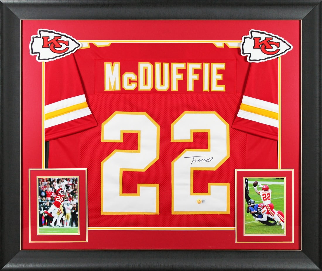 Trent McDuffie Signed Framed Jersey Kansas City Chiefs BAS Authenticated: Trent McDuffie Signed Framed Jersey Kansas City Chiefs BAS Authenticated This authentic red pro-style framed jersey has been personally signed by Trent McDuffie of the Kansas City Chiefs, making it a