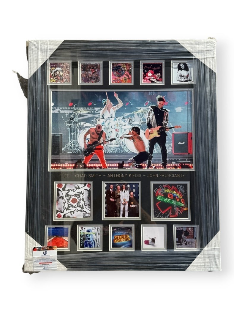 Red Hot Chili Peppers Signed CD Cover Framed JSA Authenticated: Red Hot Chili Peppers Signed CD Cover Framed JSA Authenticated This framed Red Hot Chili Peppers autographed CD cover features the signatures of band members Flea, Chad Smith, Anthony Kiedis, and John