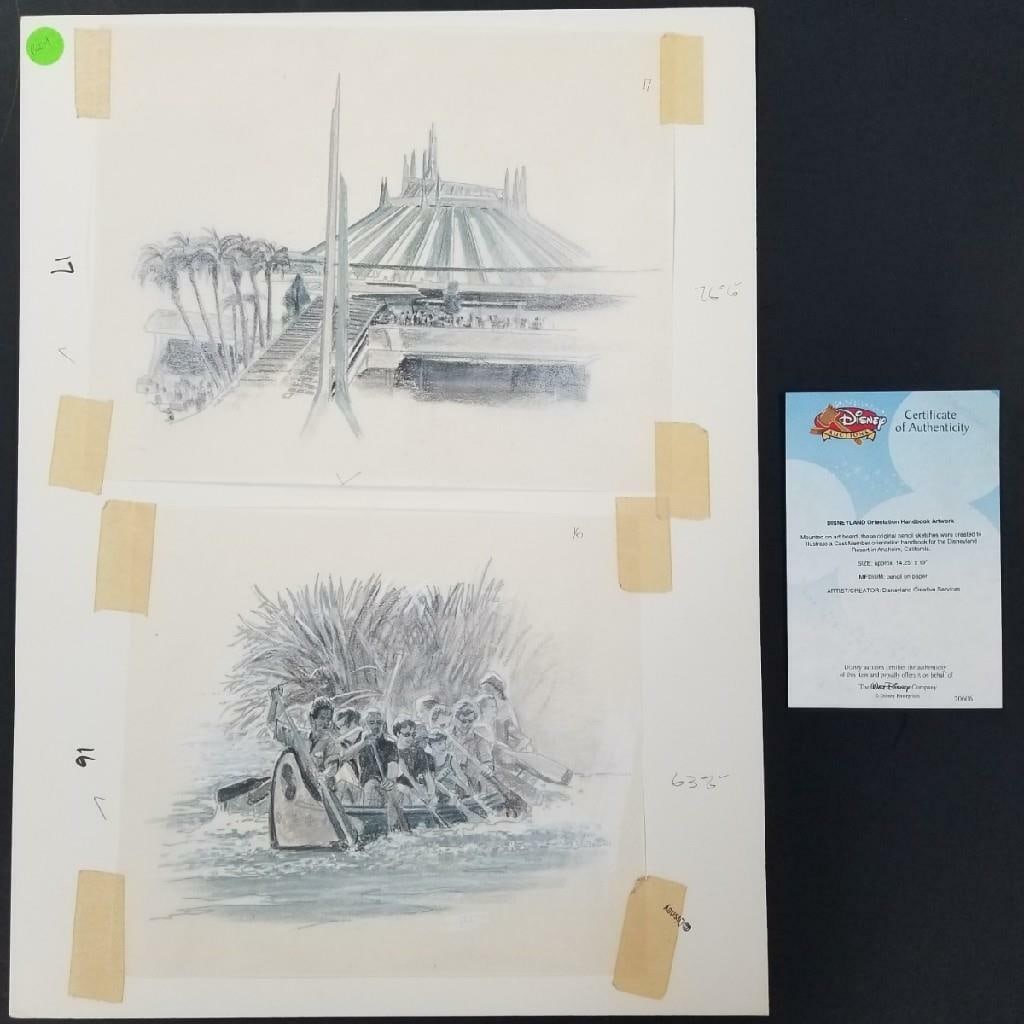 14x19 Sketch Art of Disneyland Canoe and Space Mountain with Disney COA: 14x19 Sketch Art of Disneyland Canoe and Space Mountain with Disney COA This is a pre-owned sketch artwork from Disneyland, featuring designs related to both Canoe and Space Mountain attractions. The