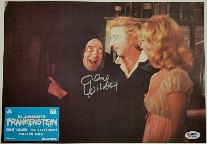 9.5x13 Young Frankenstein Lobby Card Signed by Gene Wilder with PSA DNA COA: 9.5x13 Young Frankenstein Lobby Card Signed by Gene Wilder with PSA DNA COA This is an original 9.5x13 lobby card from the film Young Frankenstein, hand-signed by Gene Wilder. The autograph is authent