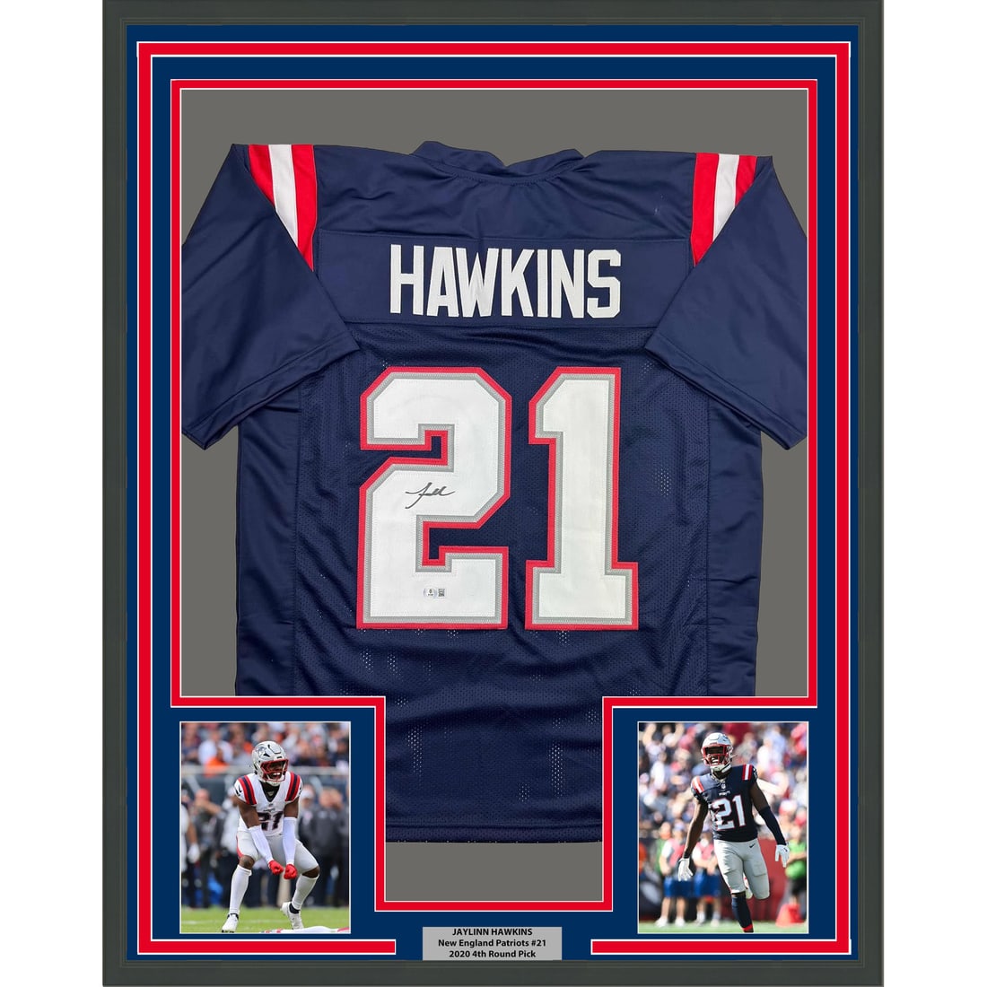 Jaylinn Hawkins Signed Patriots Jersey Framed Display With BAS COA 35x39 Inches: Jaylinn Hawkins Signed Patriots Jersey Framed Display With BAS COA 35x39 Inches This is a professionally framed and matted New England Patriots blue jersey autographed by Jaylinn Hawkins. The display