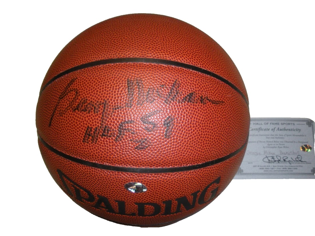 Signed Basketball by George Mikan with COA Minneapolis Lakers Hall of Fame 1959: Signed Basketball by George Mikan with COA Minneapolis Lakers Hall of Fame 1959 This is an authentic basketball signed by George Mikan, a legendary member of the Minneapolis Lakers and a Hall of Fame