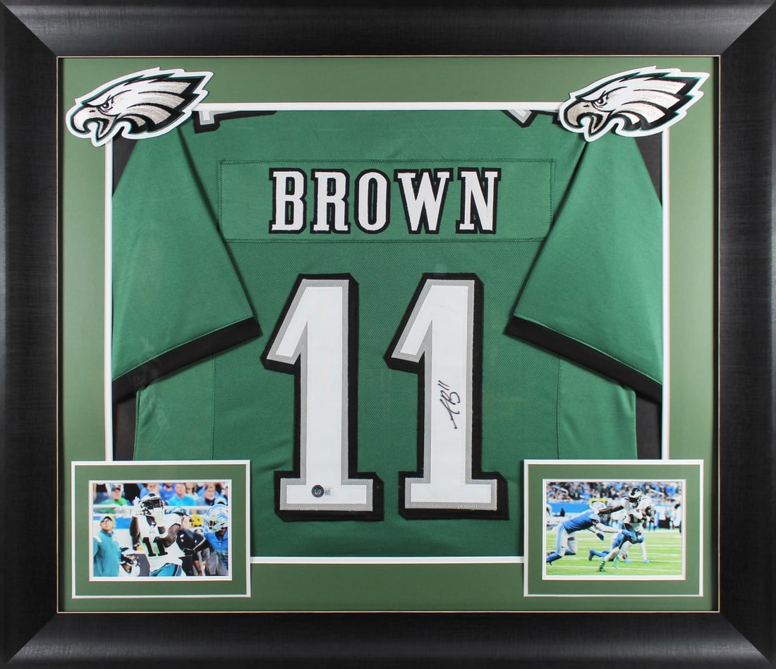 A.J. Brown Signed Philadelphia Eagles Framed Jersey BAS Authenticated: A.J. Brown Signed Philadelphia Eagles Framed Jersey BAS Authenticated This authentic, autographed green pro style framed jersey features the signature of A.J. Brown, a talented player from the