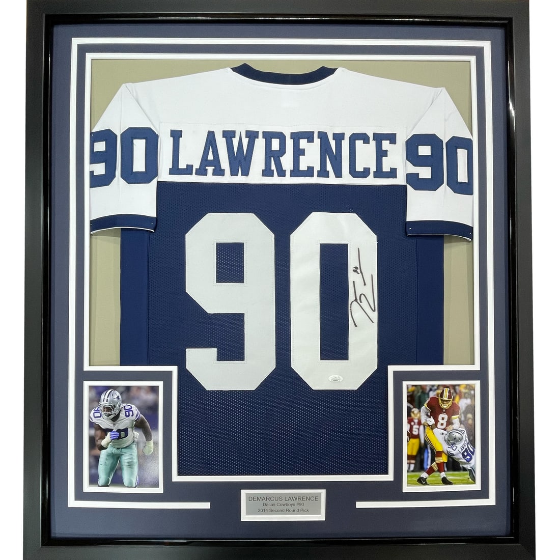 Framed Autographed Demarcus Lawrence Dallas Cowboys Jersey JSA COA: Framed Autographed Demarcus Lawrence Dallas Cowboys Jersey JSA COA This professionally framed and matted display features a signed Demarcus Lawrence jersey from the Dallas Cowboys, accompanied by two