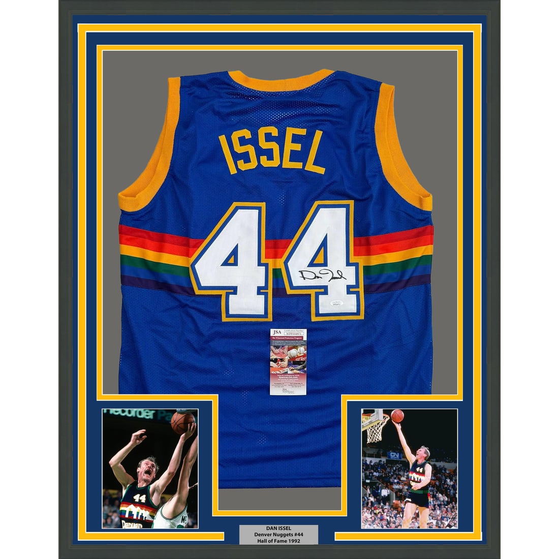 Framed Signed Dan Issel Denver Nuggets Jersey with JSA COA 35x39: Framed Signed Dan Issel Denver Nuggets Jersey with JSA COA 35x39 This stunning framed piece features a signed Dan Issel Denver Nuggets jersey, measuring 35x39 inches. It comes with two 5x7 photos and