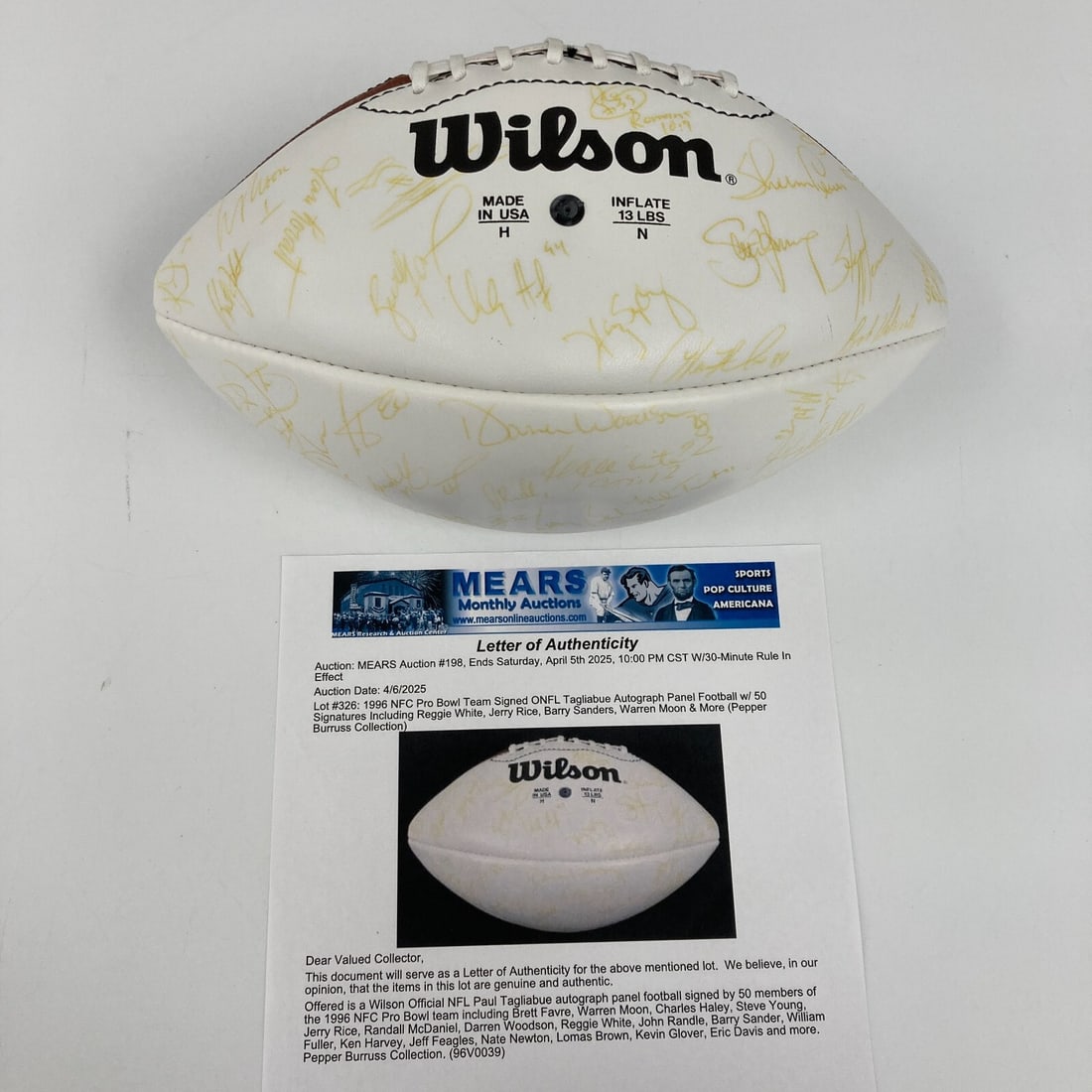1996 NFC Pro Bowl Team Signed Football 50 Autographs JSA Authenticated: 1996 NFC Pro Bowl Team Signed Football 50 Autographs JSA Authenticated This is an original Wilson Official NFL football featuring the signatures of 50 members from the 1996 NFC Pro Bowl team. Notable