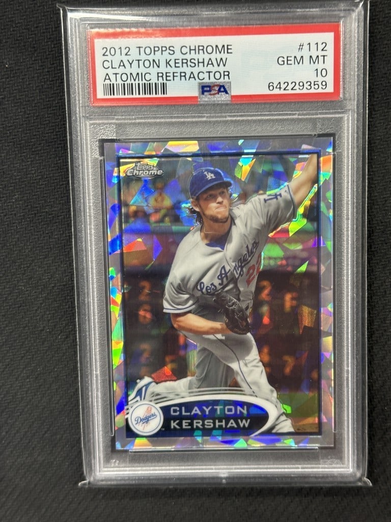 Clayton Kershaw 2012 Topps Chrome Atomic Refractor PSA 10 #112: Clayton Kershaw 2012 Topps Chrome Atomic Refractor PSA 10 #112 This is a Clayton Kershaw 2012 Topps Chrome Atomic Refractor baseball card, graded PSA 10, showcasing the talent of the Los Angeles Dodge