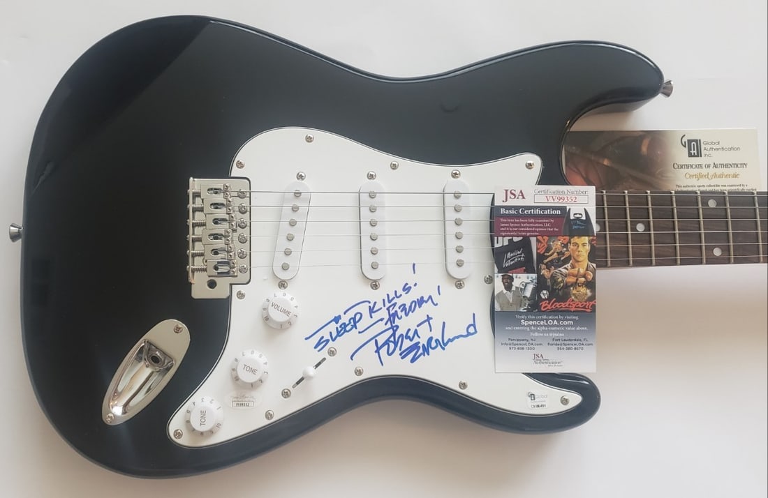 Robert Englund Autographed Electric Guitar Sleep Kills JSA Certified: Robert Englund Autographed Electric Guitar Sleep Kills JSA Certified This original electric guitar is hand-signed by Robert Englund, famous for his role as Freddy Krueger in the classic horror franchi