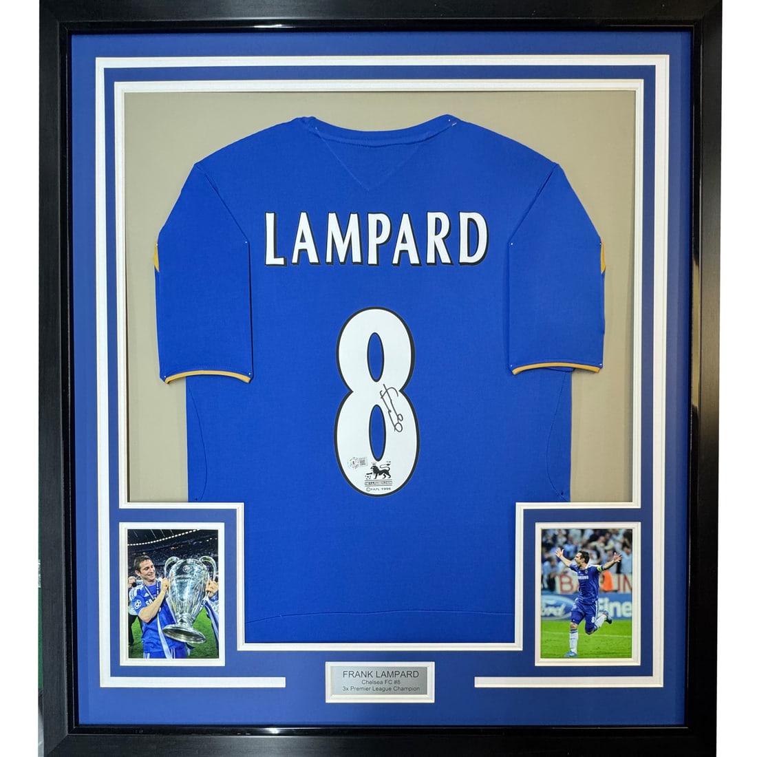 Framed Frank Lampard Autographed Chelsea FC Jersey Beckett COA: Framed Frank Lampard Autographed Chelsea FC Jersey Beckett COA Celebrate the legacy of Frank Lampard with this professionally framed and autographed Chelsea FC blue jersey. Measuring 35x39 inches, thi