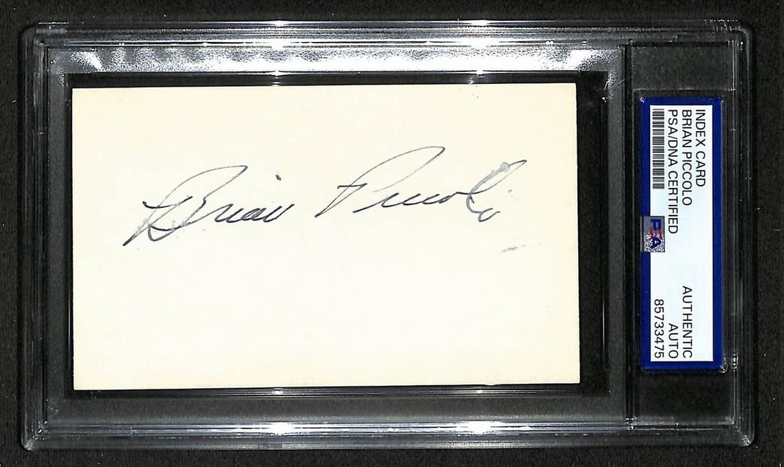 Brian Piccolo Autographed 3x5 Football Index Card With PSA/DNA Authentication: Brian Piccolo Autographed 3x5 Football Index Card With PSA/DNA Authentication This is an original 3x5 index card signed by Brian Piccolo of the Chicago Bears. The autograph has been authenticated by P