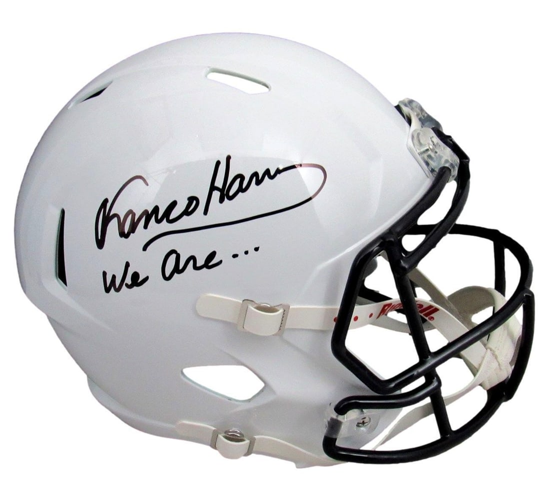 Franco Harris Signed Inscribed Penn State Full Size Replica Helmet Beckett Authenticated: Franco Harris Signed Inscribed Penn State Full Size Replica Helmet Beckett Authenticated Offered is a Franco Harris Signed and Inscribed "We are..." Penn State Full Size White Speed Replica Football H