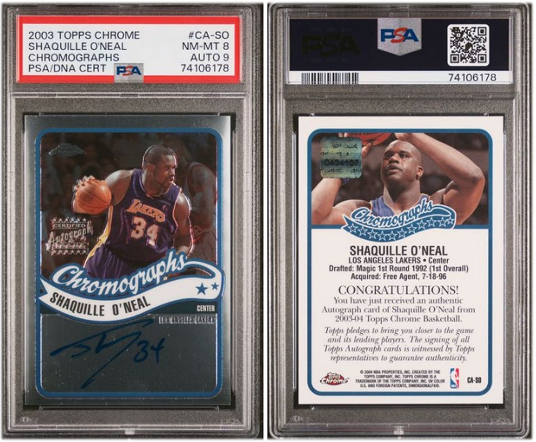 2003 Topps Chrome Chromographs Shaquille O'Neal Lakers Auto PSA 8 Card 9 Auto: 2003 Topps Chrome Chromographs Shaquille O'Neal Lakers Auto PSA 8 Card 9 Auto This is a 2003 Topps Chrome Chromographs basketball card featuring Shaquille O'Neal of the Los Angeles Lakers. The card is