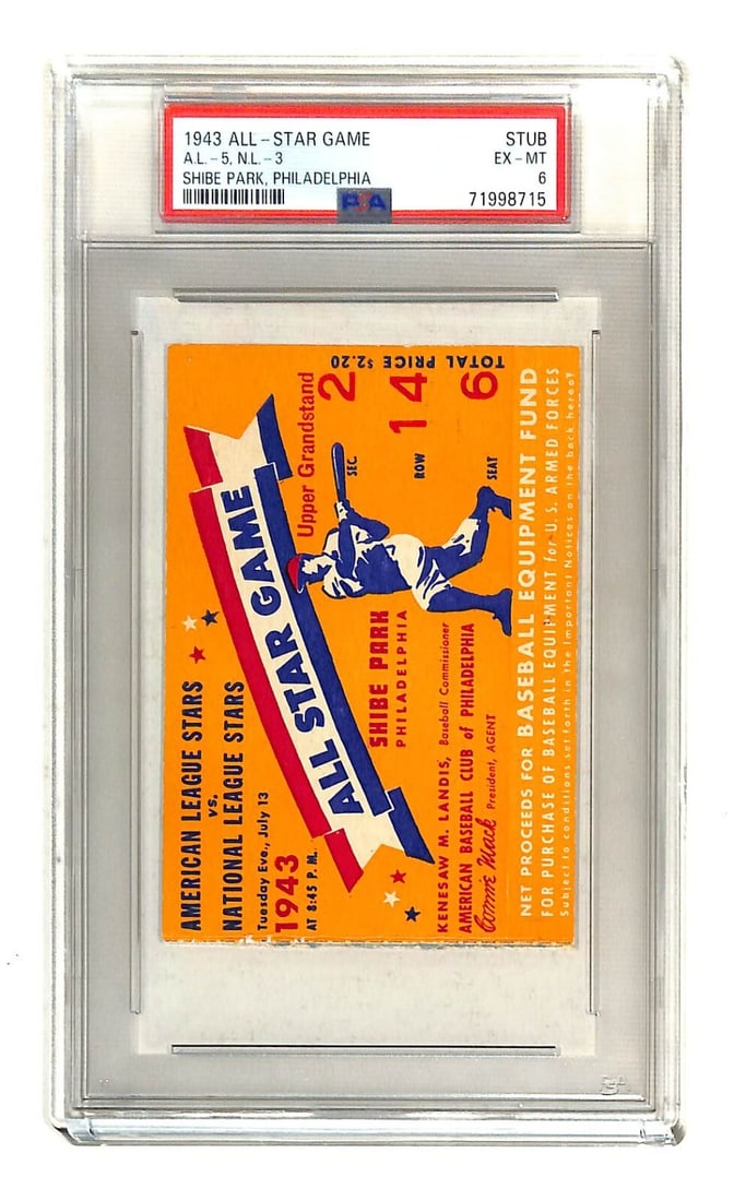 1943 MLB All-Star Game Ticket PSA 6 Shibe Park Pop 1 Rare Collectible: 1943 MLB All-Star Game Ticket PSA 6 Shibe Park Pop 1 Rare Collectible This is a rare 1943 MLB All-Star Game ticket featuring a historic event in baseball history. Graded PSA 6, this original ticket is
